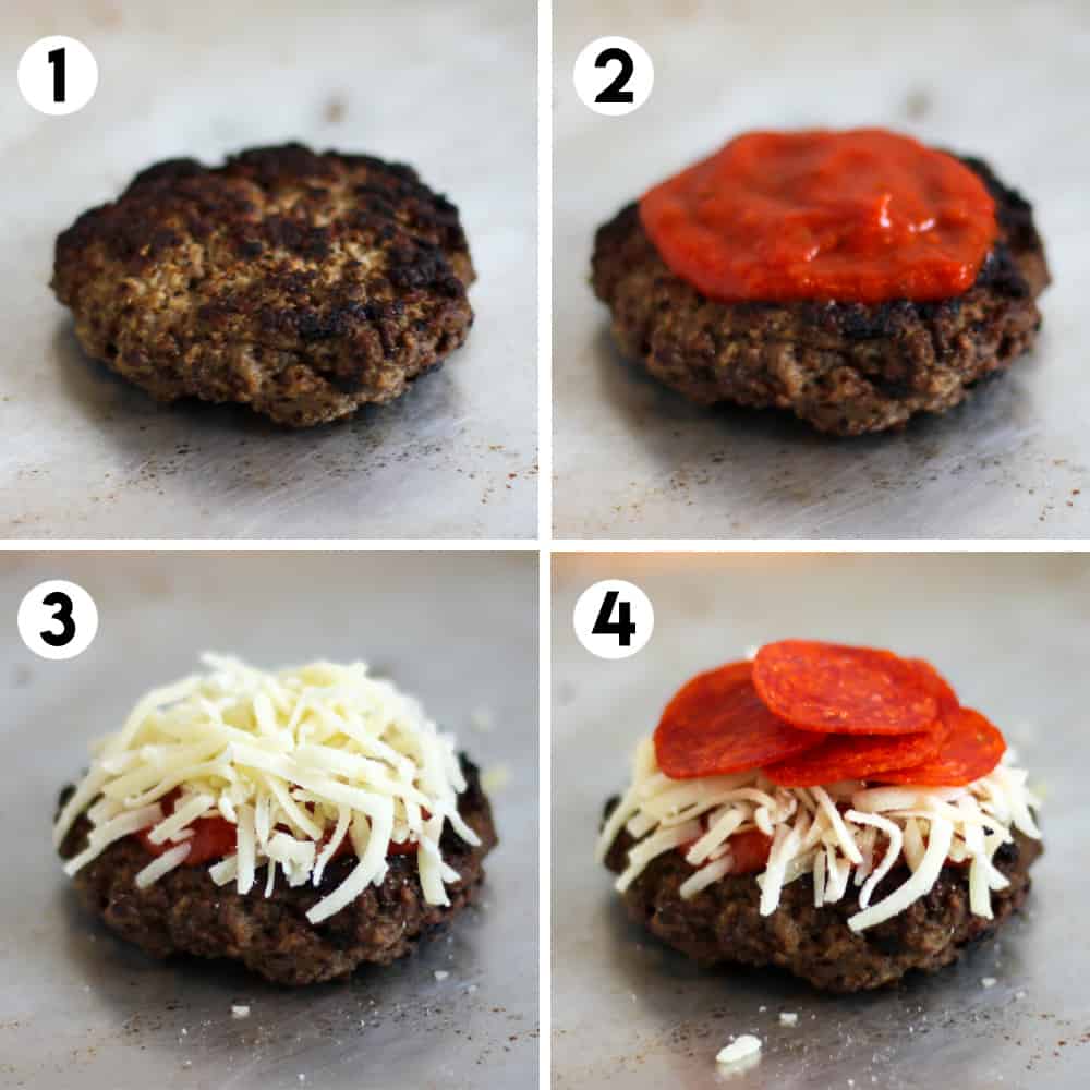 four stage process to assemble the toppings on the burger