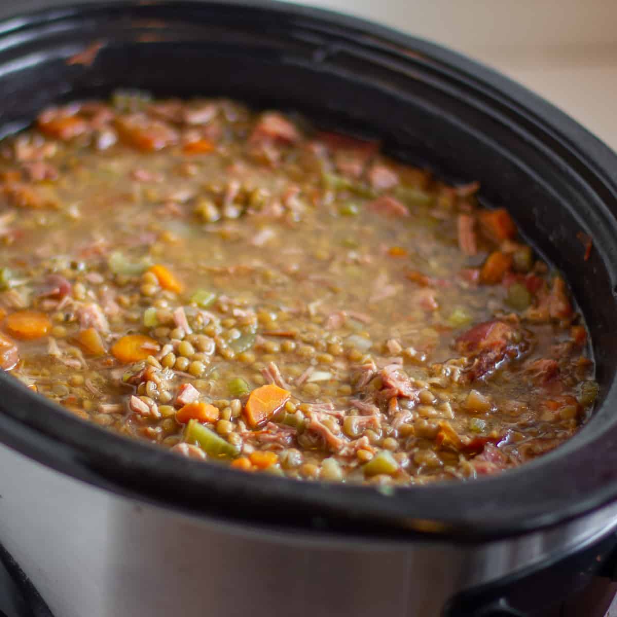 After 6 hours on high in the slow cooker the soup is ready.