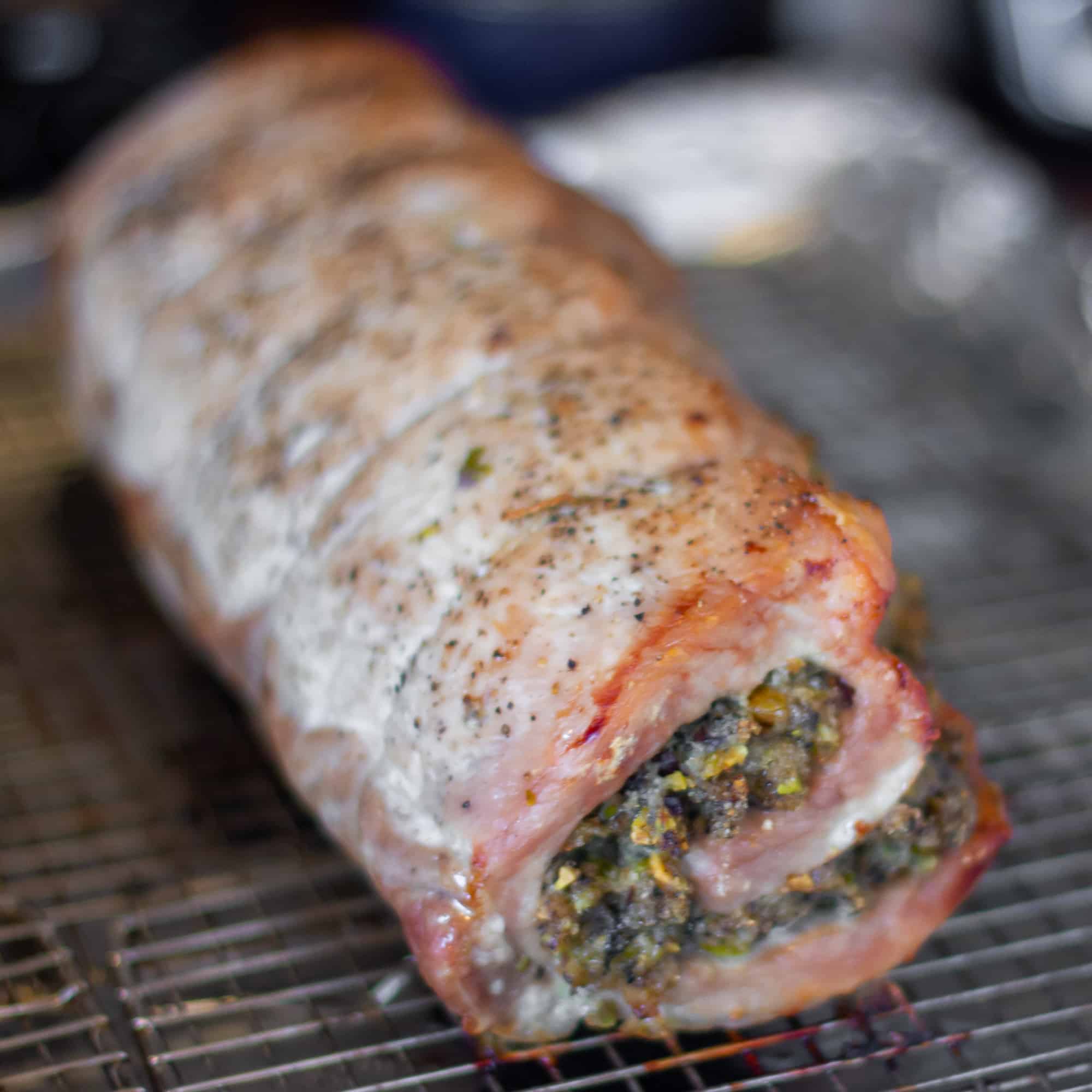 Here is the finished roasted stuffed pork loin.