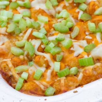 Great pub food and \ comfort food combined. Buffalo chicken with blue cheese covered with Tater Tots and grated cheese. Baked and then topped with celery before serving.