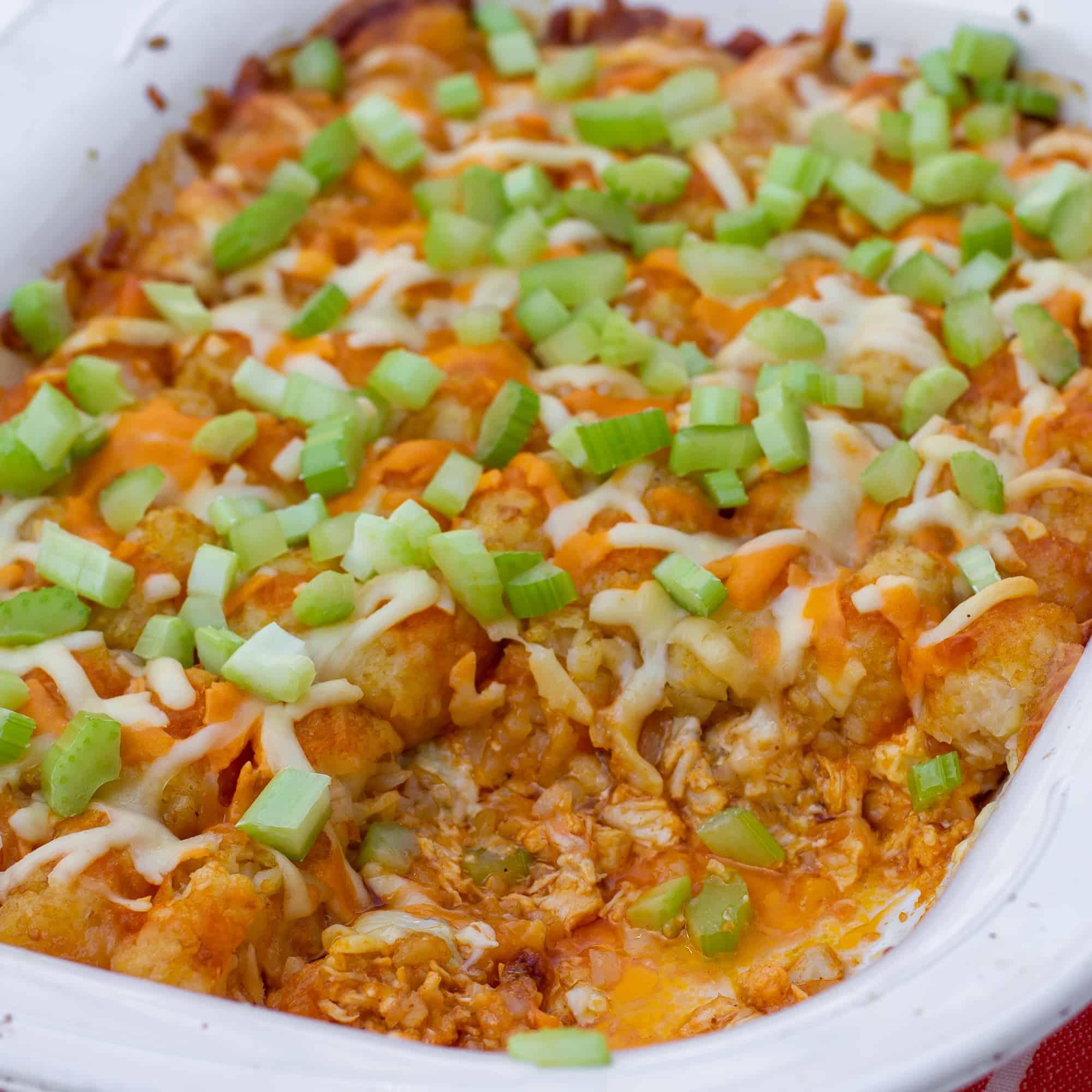 Bake the casserole until tots are crispy on top