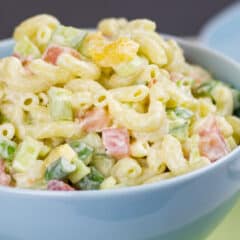 A bowl of pasta salad.