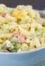 A bowl of pasta salad.