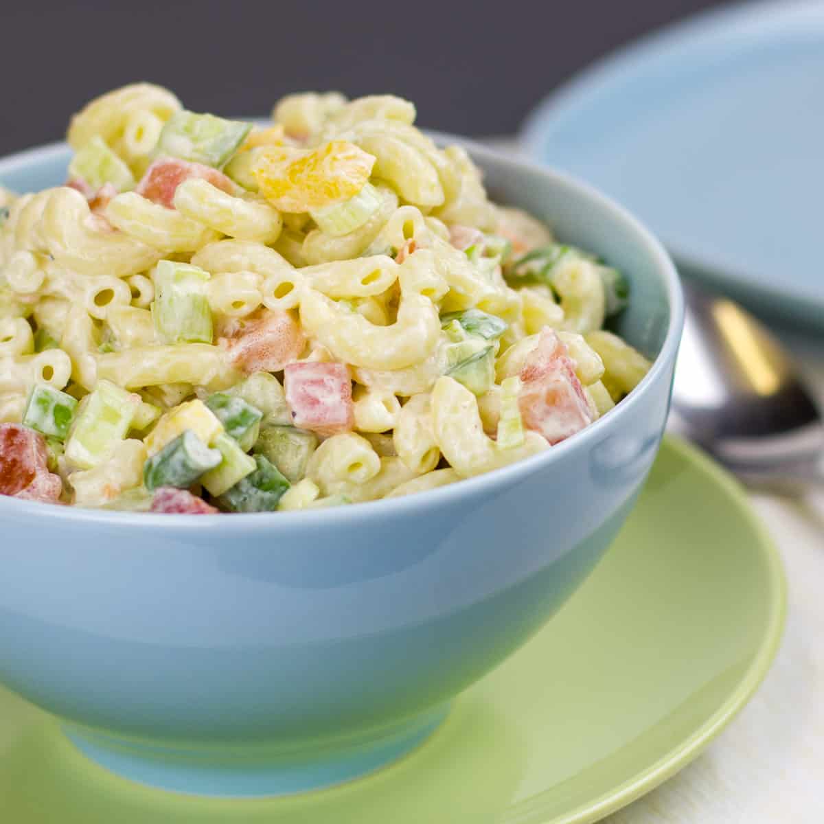 A bowl of pasta salad.