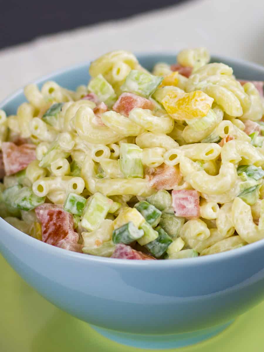 A very close image of pasta salad.