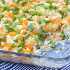 Creamy and cheesy chicken casserole with cream of mushroom soup, sour cream peas and tater tots and grated cheddar. Easy comfort food.