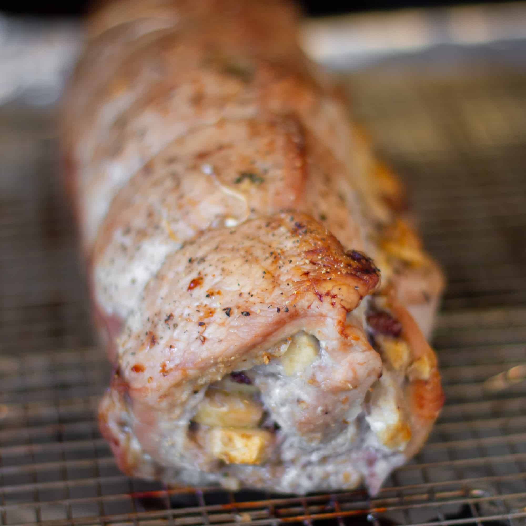 Here is the finished roasted stuffed pork loin.