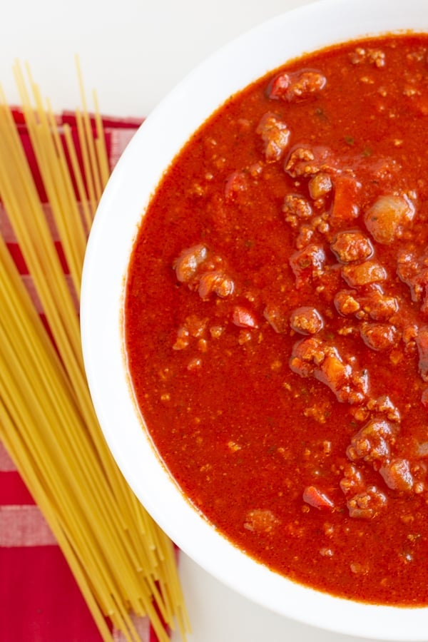 This homemade recipe for spaghetti meat sauce is a traditional dish that is hearty and perfect for any kind of pasta. Penne, rigatoni, fusilli, spagettini.