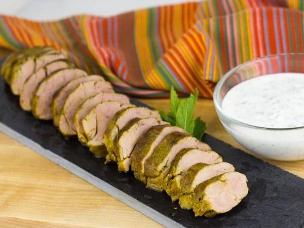 Curried Pork Tenderloin with Smoked Yogurt and Mint Sauce-4