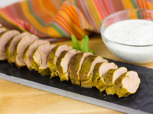 Curried Pork Tenderloin with Smoked Yogurt and Mint Sauce