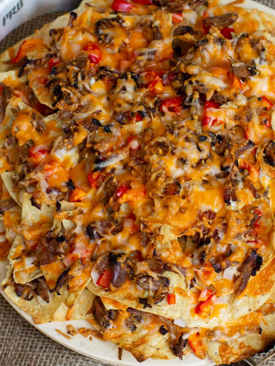 Overhead picture of baked nacho appetizer.