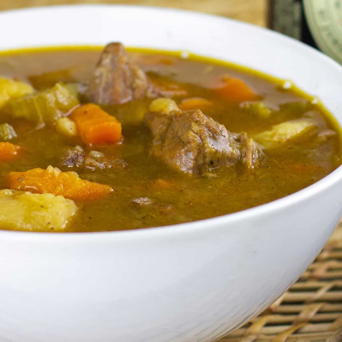 A closeup picture of beef stew.