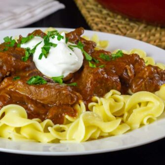 Beef pasta dish on a white plate.