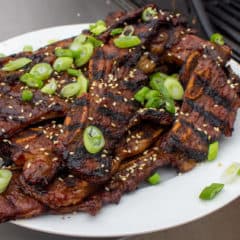 Kalbi, thin sliced short ribs in a Korean marinade. Once grilled, these ribs are packed with so much flavor and they basically melt in your mouth.