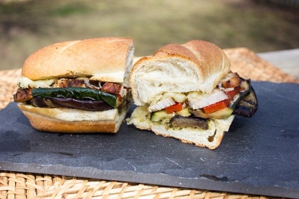 Grilled Chicken Zucchini Eggplant Pesto on a Bun