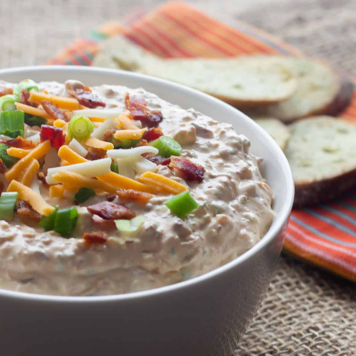 Closeup picture of dip with crackers in the background.