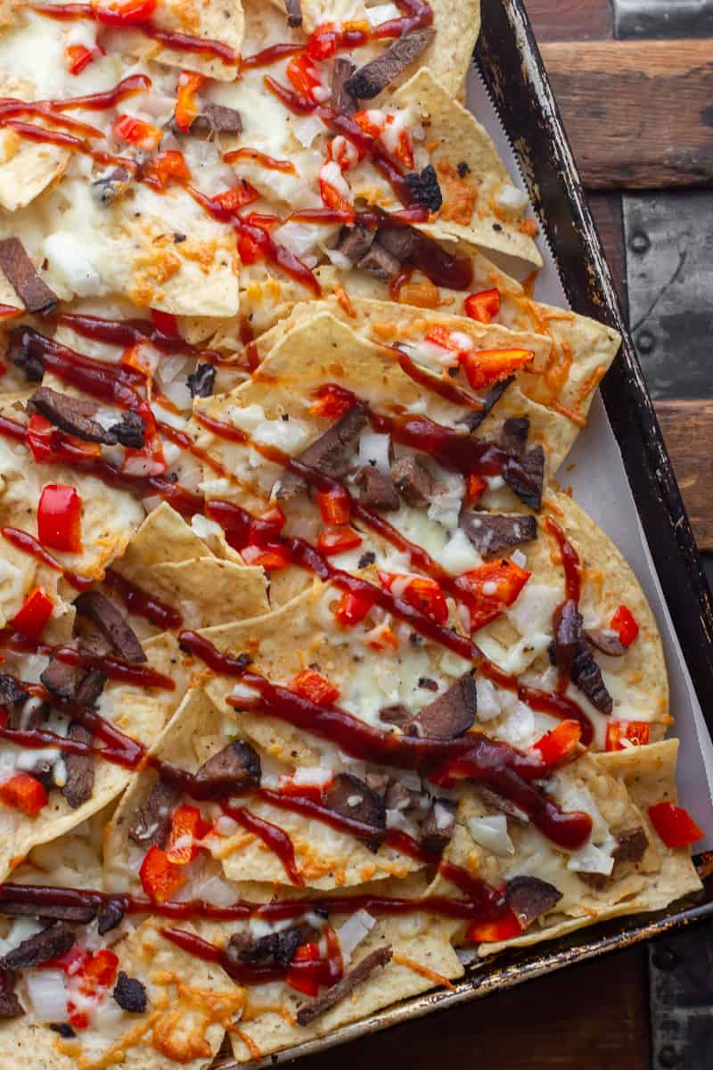 Overhead picture of BBQ nachos.