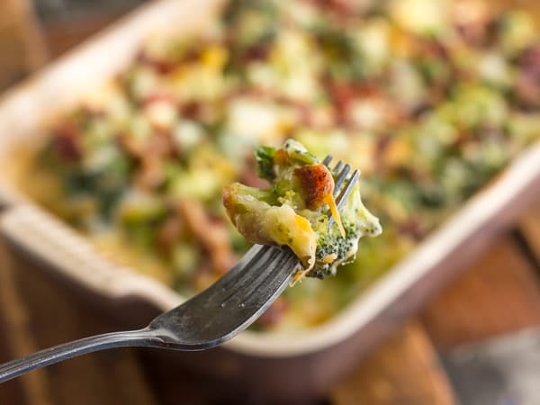 Bacon Cheddar Broccoli Bake with fork