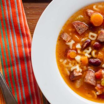 Overhead picture of a bowl of soup.