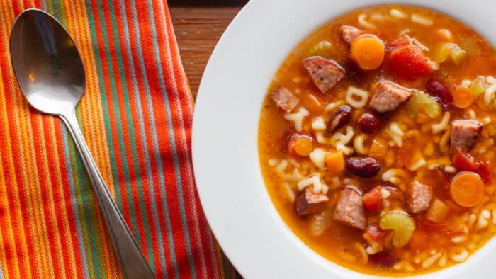 Overhead picture of a bowl of soup.