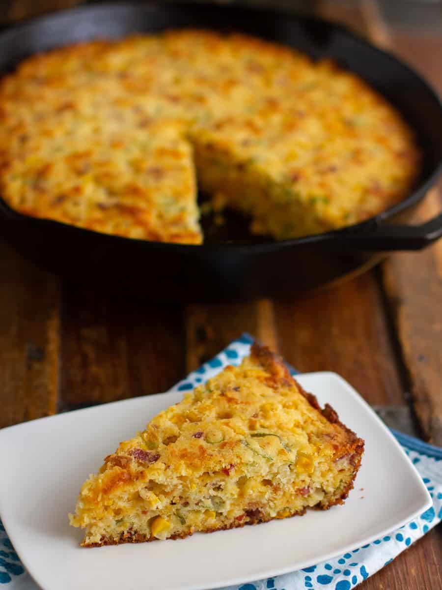 A slice of cornbread on a plate