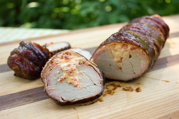 Bacon Wrapped Smoked Pork Tenderloin Stuffed with Roasted Red Peppers and Cheese