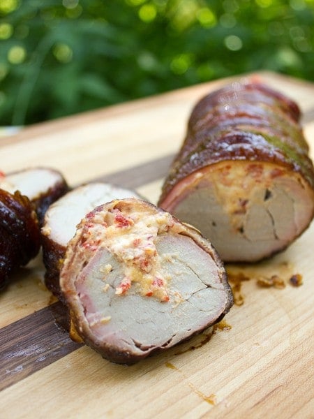 Bacon Wrapped Smoked Pork Tenderloin Stuffed with Roasted Red Peppers and Cheese tall