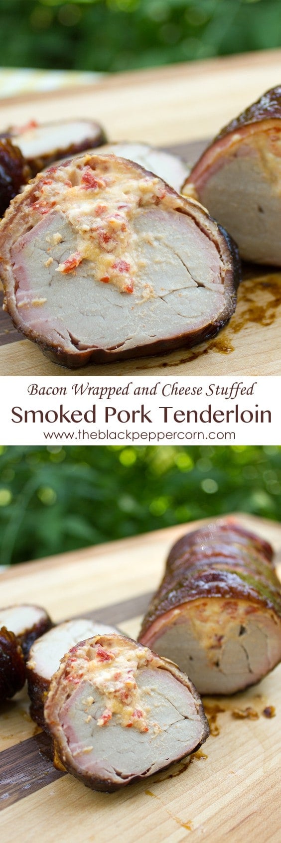 Bacon Wrapped Smoked Pork Tenderloin Stuffed with Roasted Red Peppers and Cheese