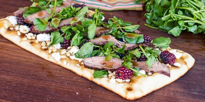 Grilled Flank Steak, Watercress and Blackberry Flatbread