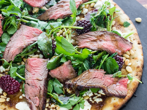 Grilled Flank Steak, Watercress and Blackberry Flatbread