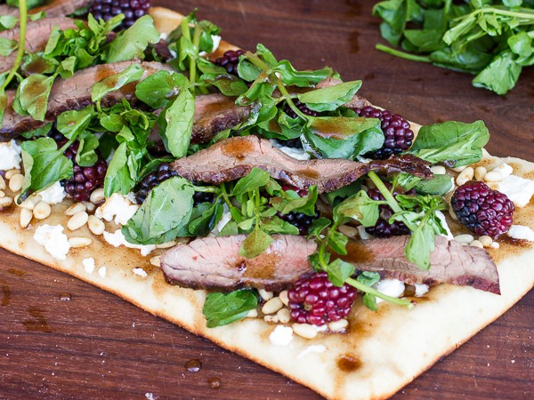 Grilled Flank Steak, Watercress and Blackberry Flatbread