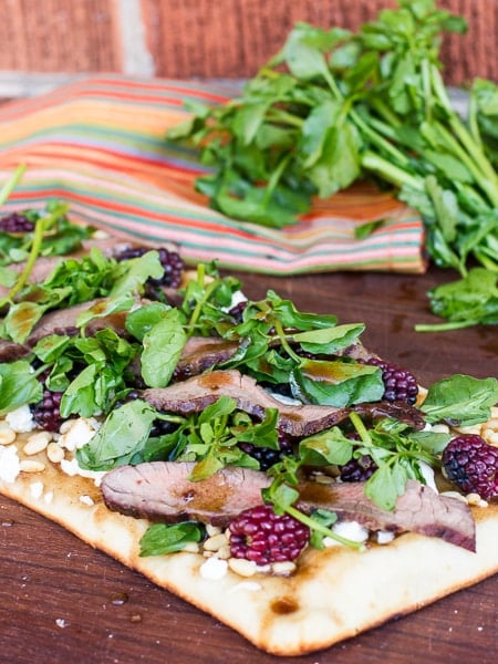 Grilled Flank Steak, Watercress and Blackberry Flatbread pizza