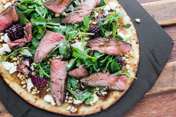 Grilled Flank Steak, Watercress and Blackberry Flatbread