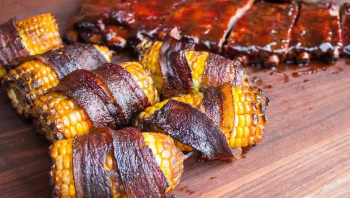 Smoked Corn on the Cob Wrapped in Bacon