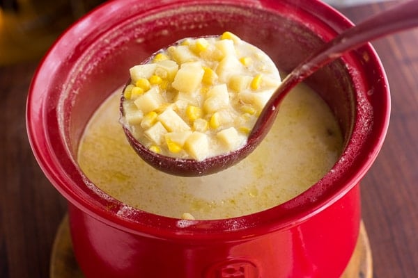 Corn and potato soup. creamy with bacon and cheddar