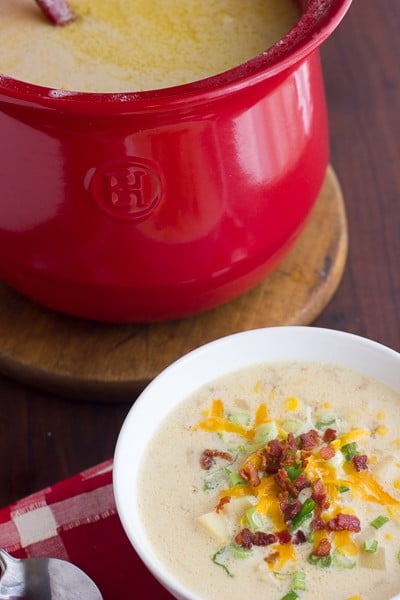 Corn and potato soup. creamy with bacon and cheddar