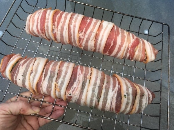 Bacon Wrapped Smoked Pork Tenderloin Stuffed with Spinach