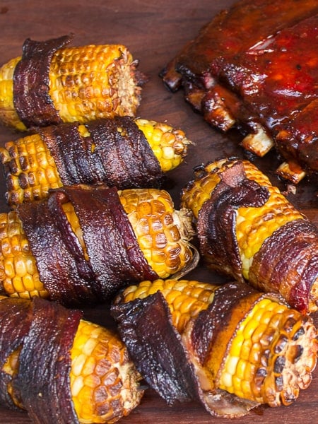 Smoked Corn on the Cob Wrapped in Bacon with ribs