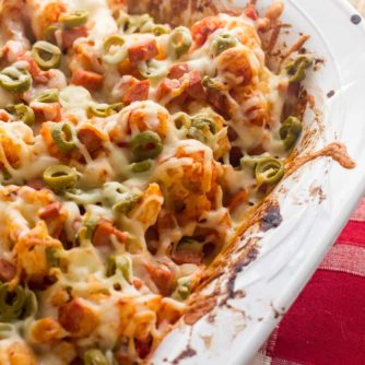 Cauliflower casserole with pepperoni green olives pizza sauce and mozzarella