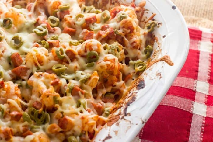 Cauliflower casserole with pepperoni green olives pizza sauce and mozzarella