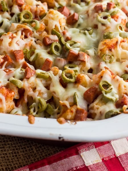 Cauliflower casserole with pepperoni green olives pizza sauce and mozzarella