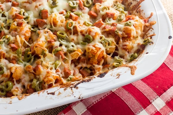 Cauliflower casserole with pepperoni green olives pizza sauce and mozzarella