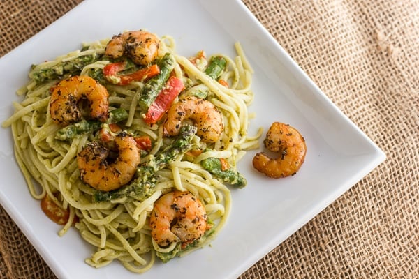 Smoked Shrimp and Pesto Linguine asparagus