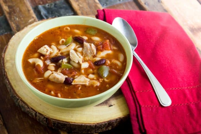 Leftover rotisserie chicken makes a great broth and excellent for this delicious minestrone soup. Kidney beans, noodles and tomatoes with store bought chicken.