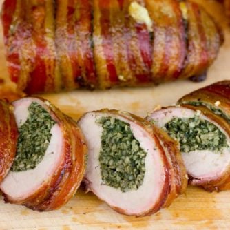 Electric smoker Bacon Wrapped Smoked Pork Tenderloin Stuffed with Spinach and Mushrooms