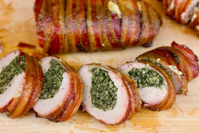 Electric smoker Bacon Wrapped Smoked Pork Tenderloin Stuffed with Spinach and Mushrooms