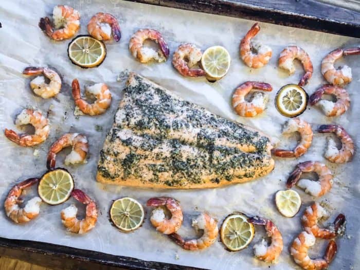 Roast Salmon and Shrimp with Dill Garlic and Lemon Rub