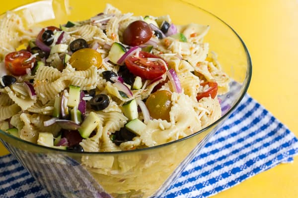 california pasta salad, zucchini, tomatoes, Italian dressing