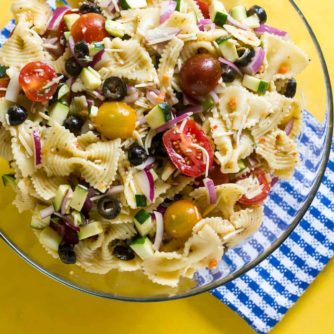 california pasta salad, zucchini, tomatoes, Italian dressing