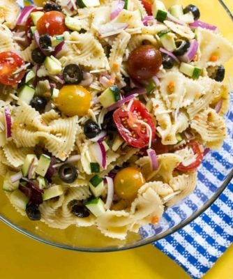 california pasta salad, zucchini, tomatoes, Italian dressing